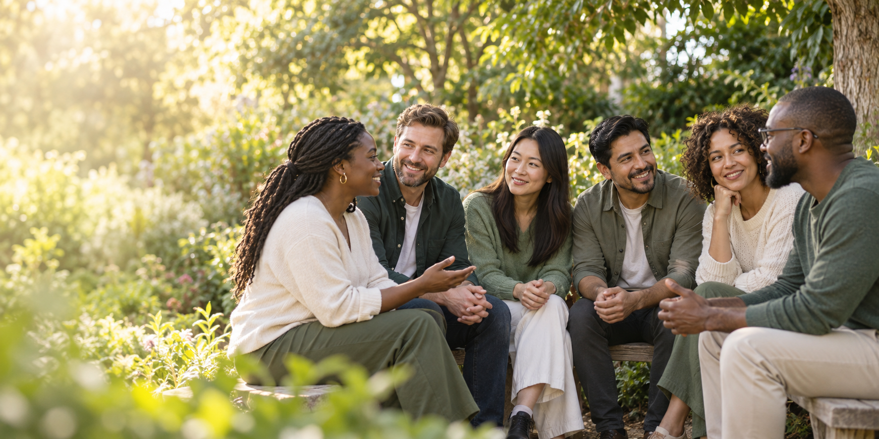 Des personnes de différentes origines échangent dans un jardin.